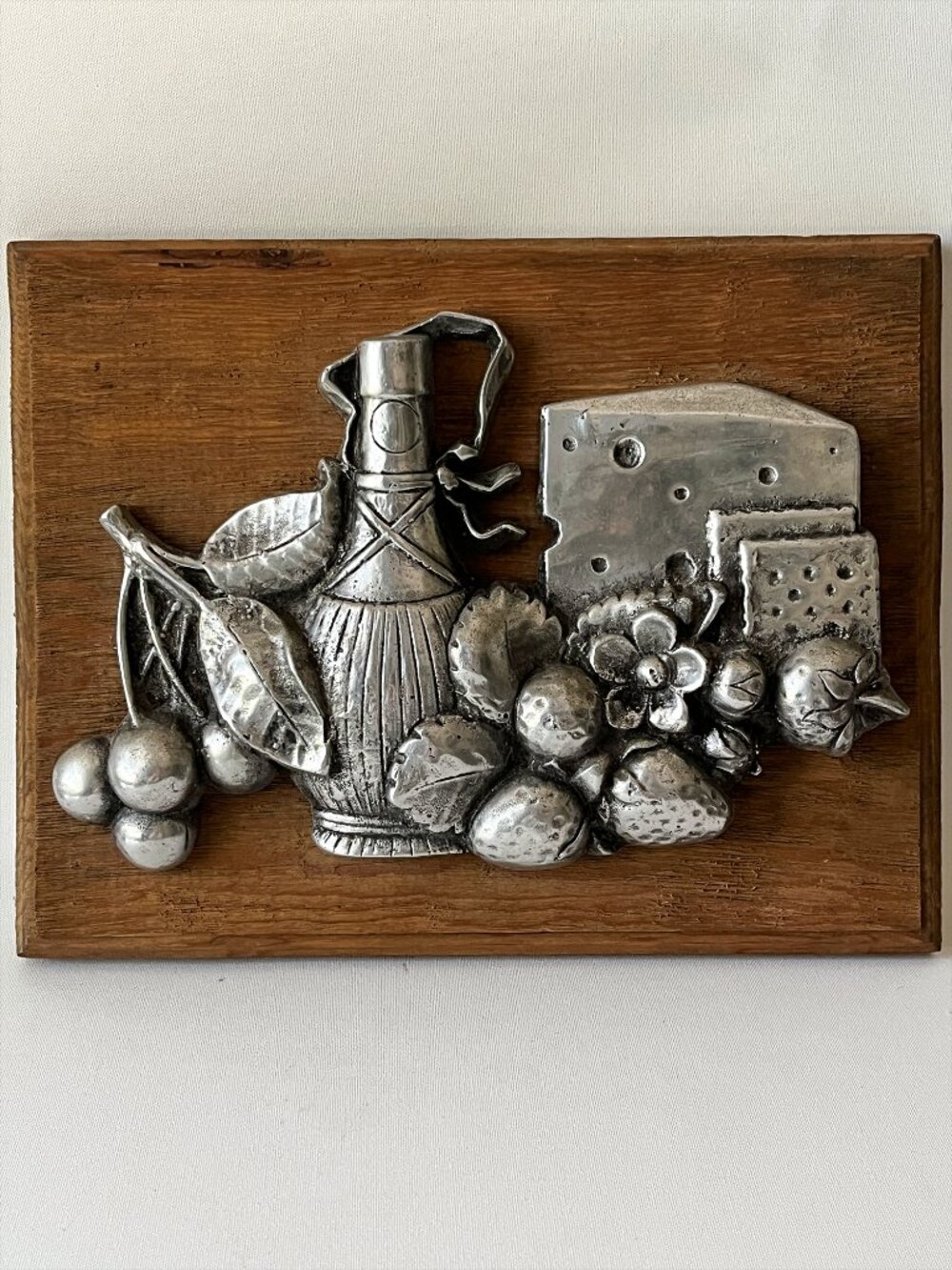 Vtg Cast Pewter 3D High Relief Wall Plaque Italian Wine Cheese Fruit Still Life